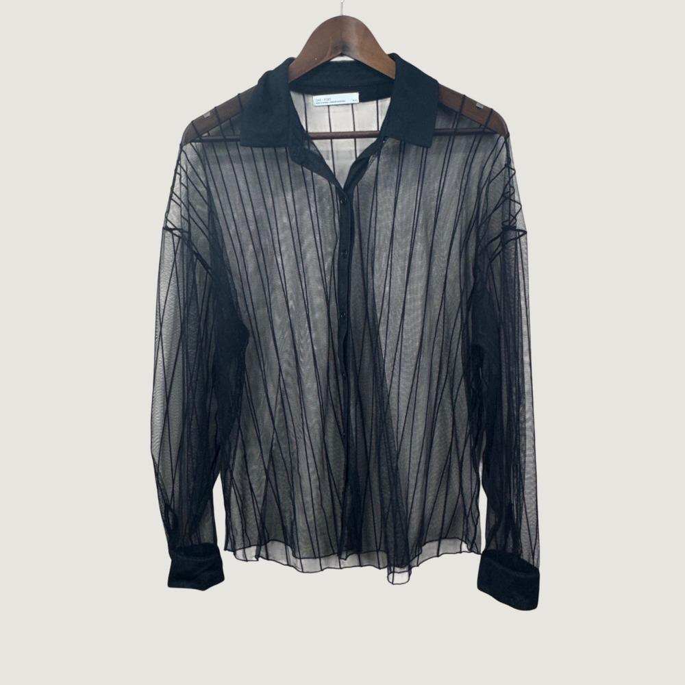 Oak Fort Mesh Blouse Medium Black Sheer Vertical Stripe Minimalist Goth Edgy